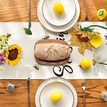 1pc Beige Table Runner With Sunflower, Daisy And Bee Prints, Suitable For Spring Kitchen, Dining Table Decor, Home Party, Size: 33 X 183 Cm - Beige - View 4