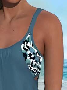 2pcs Fashionable Women Swimsuit Set, Full Cup Adjustable Spaghetti Strap Exposed Shoulder & Back, Printed Swim Shorts, Elegant Sexy, Hawaii Holiday Style, Summer Beach Vacation - 霧霾藍 - 查看 6
