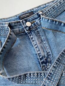ChicMe Pantalones vaqueros de tiro alto con todo el Body de rhinestones - Pantalones vaqueros de pierna ancha con cinturón a juego de rhinestones - Lavado ligero - Ver 6