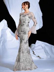 Đầm dạ hội tay loe đính sequin, thiết kế thắt eo tôn dáng, thích hợp cho khách dự đám cưới, tiệc chiêu đãi, các dịp trang trọng mùa xuân. - Xám - Xem 3