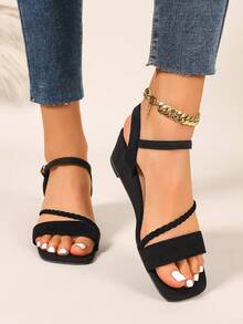 2026 New Summer Women's Mid-Heel Thick Heel Strap Roman Sandals - Black - View 2