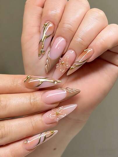 10pcs Acrylic Press On Nails Stiletto Press On Nails French Tip Long Almond Decoration 3D Flower With Rhinestone Design Fashion Vintage Y2K Style Surface Glossy Full Cover Fake Nails For Women And Girls Daily Wear