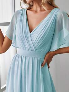 EVERPRETTY Đầm phù dâu màu xanh nhạt bằng chiffon, cổ chữ V, tay bồng, xếp ly, kiểu dáng thanh lịch, thích hợp cho khách dự đám cưới. - Màu xanh nhạt - Xem 5