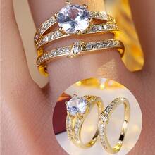 一对百搭通勤情侣金戒指，全镶仿钻，凹槽设计，适合情侣日常约会。 - 戒指套裝 - 查看 4