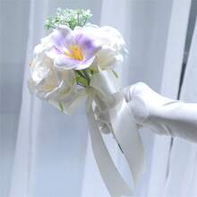 Fake Bridal Bouquet Artificial Flower With Ribbon Bow For Bridesmaid Ceremony Wedding Party Home Table Decoration - Purple - View 4