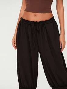 Womens Cropped Pants Loose Mid Rise Patchwork Lace Lantern Trousers Casual Streetwear - Black - View 4