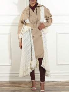 Women's Elegant Lace-Trimmed Patchwork Trench Coat With Belt - A-Line Regular Fit, Outerwear For Casual & Smart-Casual Wear, Belted Waist For A Tailored Look - 杏色 - 查看 10