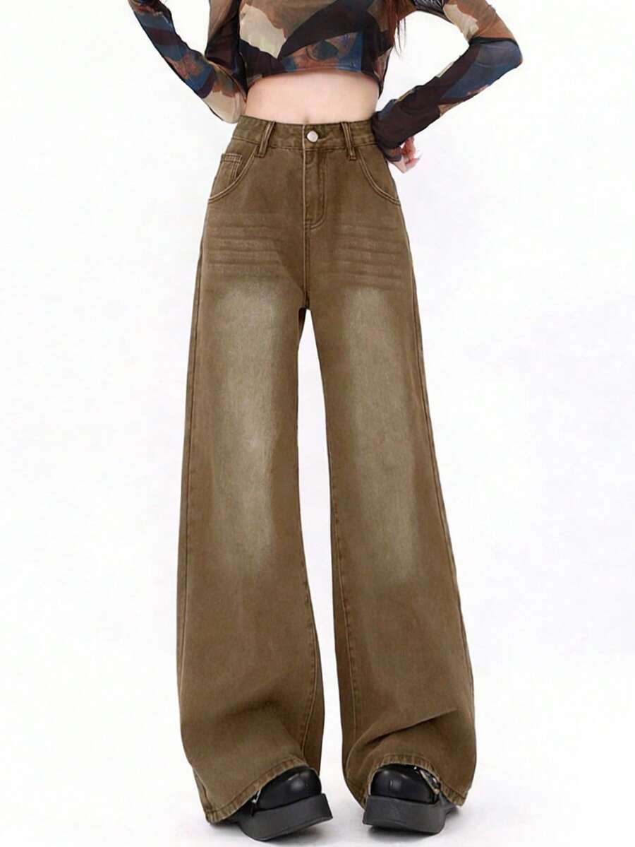 高腰复古美式修身直筒九分女式牛仔裤，休闲春季款 - 卡其色 - 查看 1