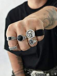 Bộ 6 chiếc nhẫn hình đầu lâu phong cách Punk màu đen, thích hợp đeo hàng ngày cho nam giới. - Màu Bạc Cổ - Xem 7