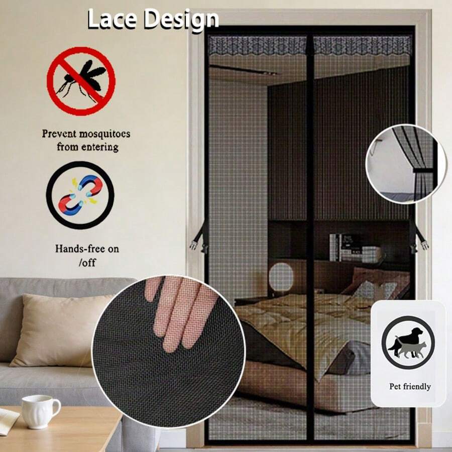 1pc Magnetic Mesh Curtain, Anti-Mosquito Net, Pet Friendly Scratch Resistant, Lace Trim Design, Suitable For Bedroom, Kitchen, Balcony, Etc.