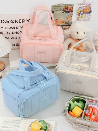 1pc Student Lunch Box Handbag, Puffy Insulated Lunch Bag, Cloud Square Lightweight Large Capacity Lunch Bag For Office Workers, Quilted Travel Lunch Bag, Dopamine Plain Color Fashionable Solid Color Lunch Handbag Portable Food Storage Bag Reusable Insulated Lunch Box Small Lunch Bag For Fruit Snacks, Suitable For Men And Women Work Travel Picnic Handbag, School Supplies Lunch Bag, Ladies Cooler Bag, School Lunch Box