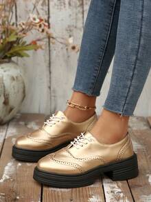 Women's Fashion Brogues, Versatile Platform Casual Shoes, Stylish Footwear - Gold - View 4
