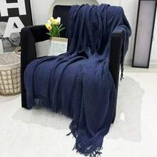 1pc Wavy Pattern Blanket, Nordic Style Acrylic Rectangle Tassel Solid Color Sofa Cover Blanket, Bedding Decor Throw Rug, Nap Blanket, Knitted Blanket - Vertical Stripes With Three Bends, Dark Blue - View 6