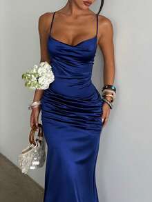 WOWDARK 夏季连衣裙，蓝色优雅女士连衣裙，带缎面口袋和细肩带，适合狂欢节、约会、聚会、派对、旅行、度假、海滩和其他场合。 - 藏蓝色 - 查看 6