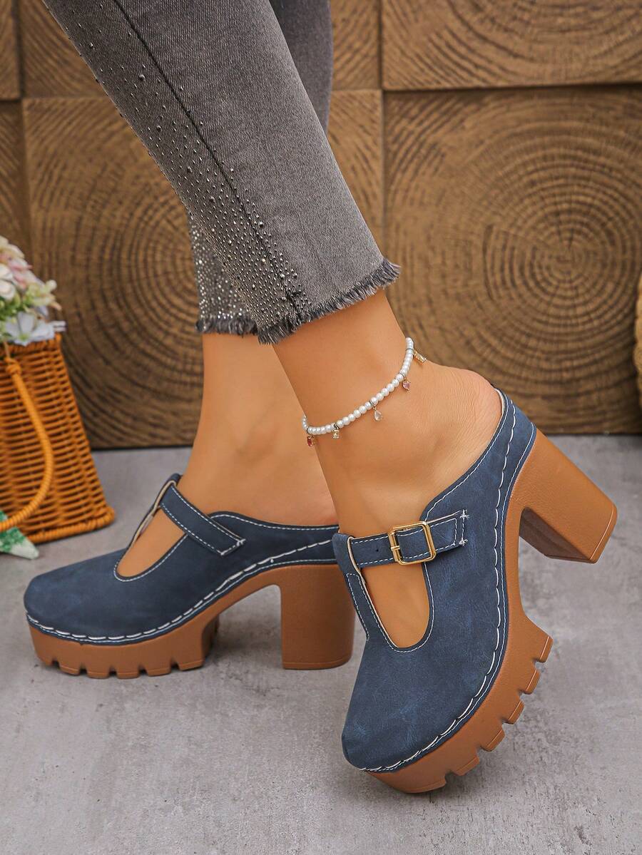 1 đôi sandal đế xuồng cao gót màu trơn, kiểu dáng cá tính, màu xanh dương mờ, thích hợp cho nữ mùa hè, đi chơi, dự tiệc.