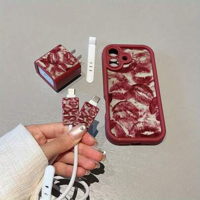 5-In-1 Set: Burgundy Lip Print Phone Case + Charger Head Cover + Cable Protector + Storage Cord, TPU Shockproof Protective Case For Apple Phones