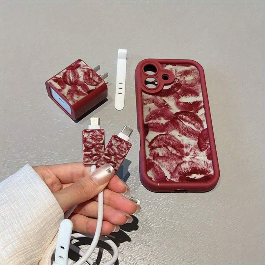 5-In-1 Set: Burgundy Lip Print Phone Case + Charger Head Cover + Cable Protector + Storage Cord, TPU Shockproof Protective Case Compatible With Apple Phones - Burgundy - View 1