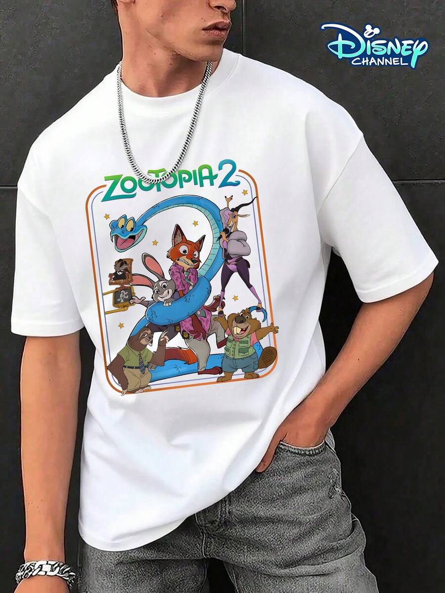 Disney Men's Casual T-Shirt, Zootopia 2 Full Cast Print, Vibrant Colorful Graphic, Soft Fabric, Ideal For Movie Enthusiasts - 白色 - 查看 1