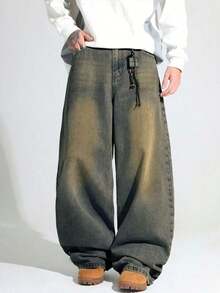 1 pieza Jeans de pierna recta con ajuste holgado y estilo unisex para parejas - Bronce - Ver 9
