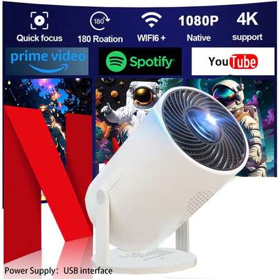 4K 智能投影仪，支持 WiFi 和无线 5.0、操作系统、180° 可旋转屏幕立体声，紧凑设计适合家庭影院、游戏、户外观影，兼容智能手机/电视支架/笔记本电脑/超高清显示器