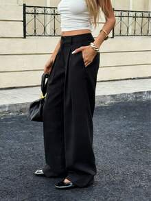 Women's Black Woven Wide Leg Long Suit Pants, With Pockets, Non-Stretch - Black - View 6