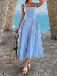 Unadoll Women's Summer Casual Elegant Dress, With Thick Shoulder Straps, Back Zipper Design, Blue And White Checkered Fabric, Suitable For Dates, Beach, Vacations, Birthdays, And Travel Outfits - Blue - View 4