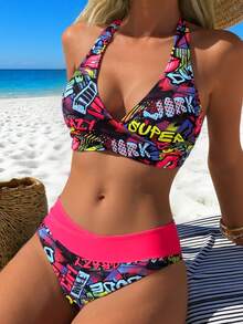 Women's Swimwear Set, Cartoon Print, Criss-Cross Halter Tie, Fashionable Casual Vacation 2-Piece, Spring/Summer Beach - Mixed Colors - View 1