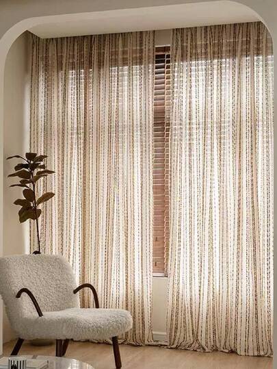 1pc Beige Striped Linen Fabric Curtain - Modern Linen Style, Rod Pocket Design, Suitable For Living Room And Bedroom - Sheer And Light Filtering Curtain, Living Room Curtain, Bedroom Curtain (180g Fabric Weight)