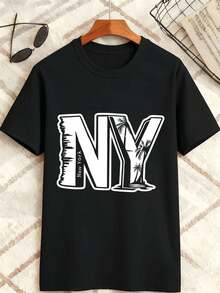 T-shirt nera casual con stampa grafica NY per la primavera, materiale di alta qualità, stampa grafica unica, stile street hip-hop, traspirante - nero - Visualizzare 2