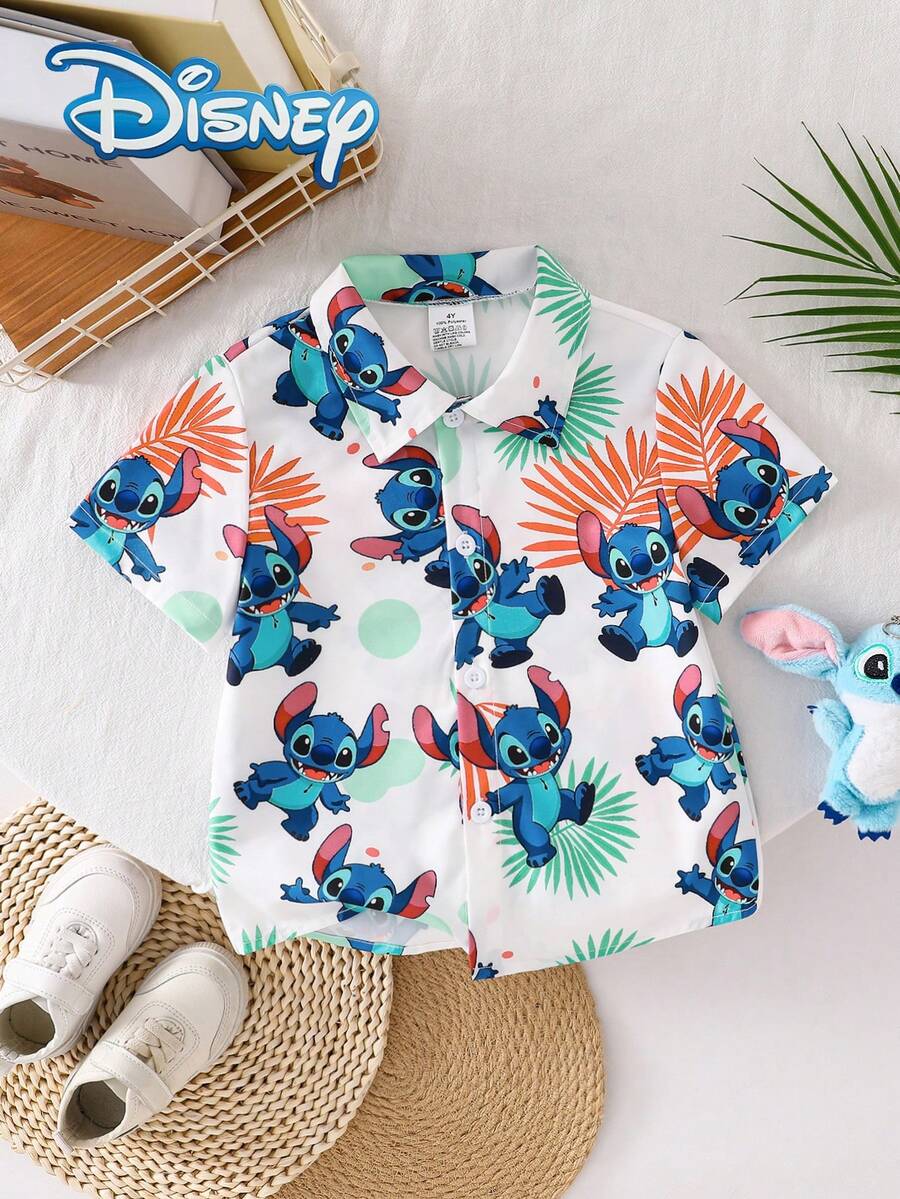 Disney Stitch Boys' Summer Short Sleeve Printed Shirt, Young Boy Fashion Casual Cardigan Collared Cute Stitch Outdoor Holiday Everyday Basic Top - White - View 1