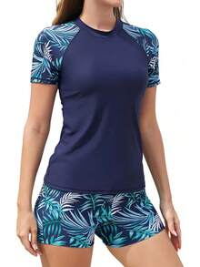 ¡RecomendadoSHEKINI Traje de Baño Rash Guard de 2 Piezas para Mujer con Sujetador Integrado, Blusa de Mangas Cortas y Calzoncillos Cortos¡Top de Temporada - Azal Profundo +impresión - Ver 1