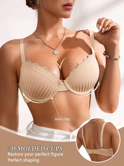 Black Lace Ladies' Bra With Vertical Stripes, Adjustable Straps, Steel-Wire Support, Seamless Vest-Style Thin Underwear For Pairing With High-Waisted Jeans