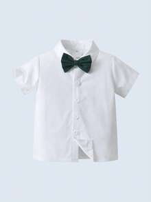 BOARNSEORL 男婴绅士夏季套装，白色蝴蝶结衬衫和绿色吊带短裤，时尚帅气的服装，适合日常穿着、学校、生日派对、一岁生日、活动 - 綠色 - 查看 6