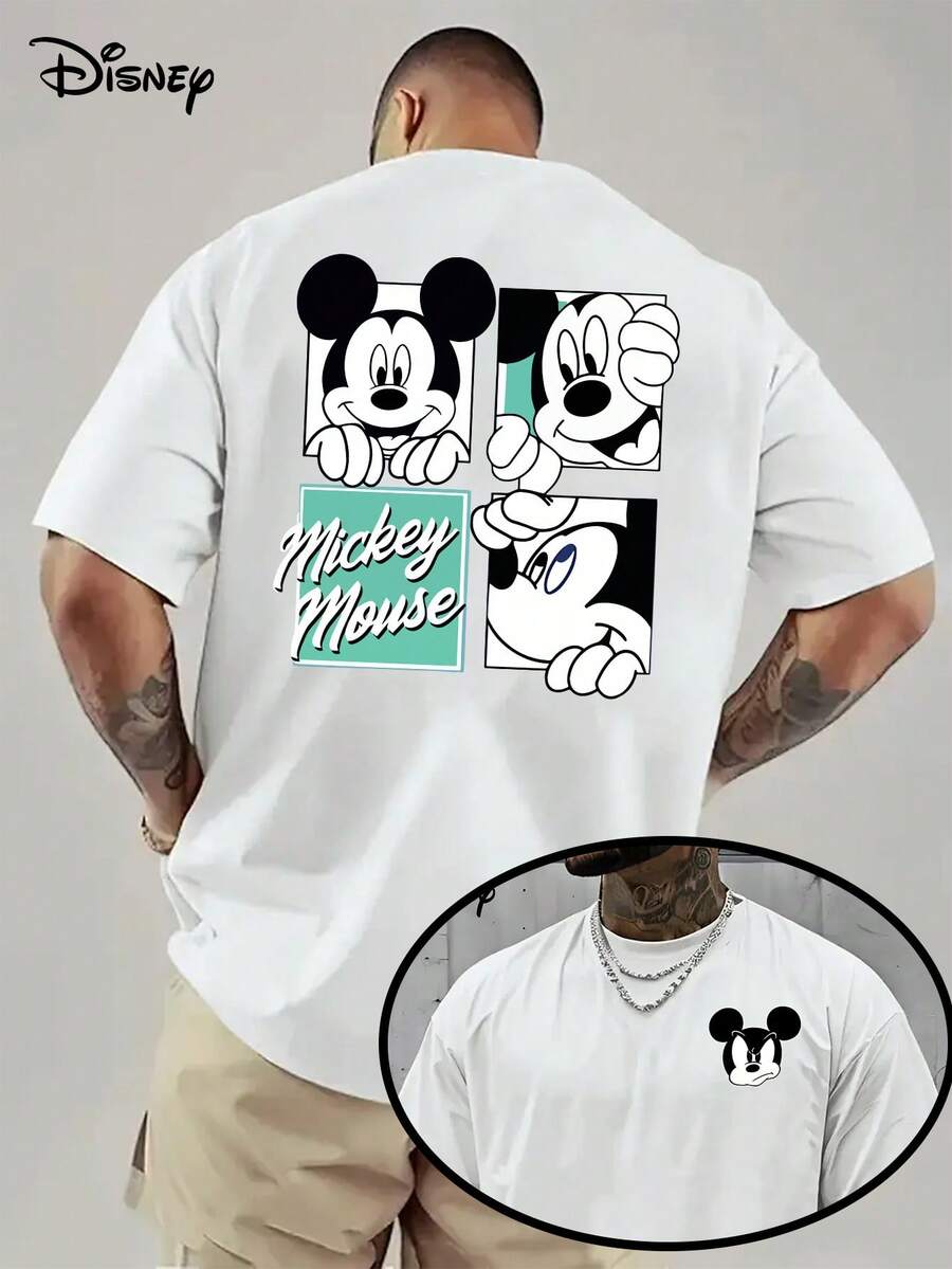 Disney 1 camiseta de Mickey para hombre, cuello redondo, respirable, relajante, ligeramente elástico, patrón de dibujos animados, versión regular, cuello redondo, adecuado para adultos, verano, deportes, fiestas, Pascua - Blanco - Ver 1