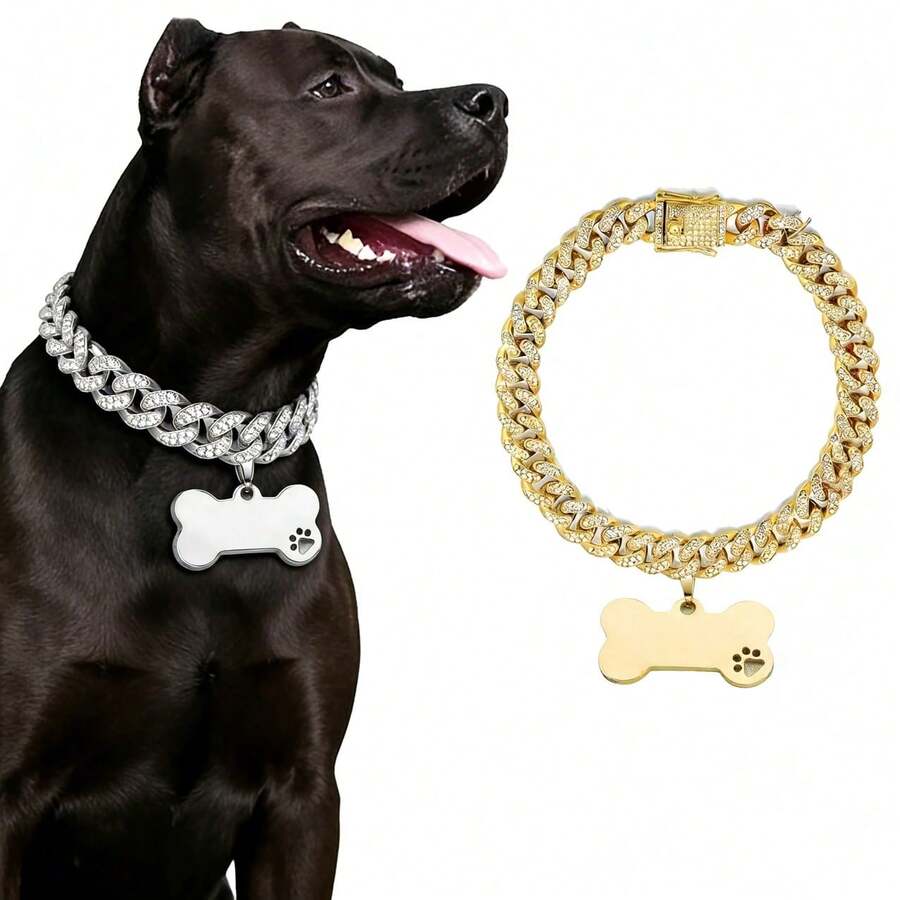 2 piezas Collar de lujo para mascotas, colgante de hueso con diamante de imitación estilo hip-hop, diseño duradero y amigable con la piel para perros pequeños/medianos/grandes - Multicolor - Ver 1