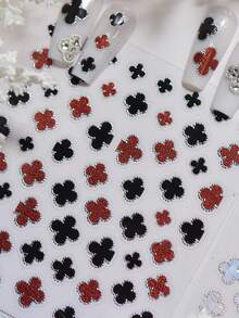 1pc Black & Red Metal Four-Leaf Clover Shiny Modern Minimalist Lucky Clover Nail Sticker, 5D Fashion Elegant Self-Adhesive Nail Art Decor For Women Nail Stickers - Multicolor - View 2