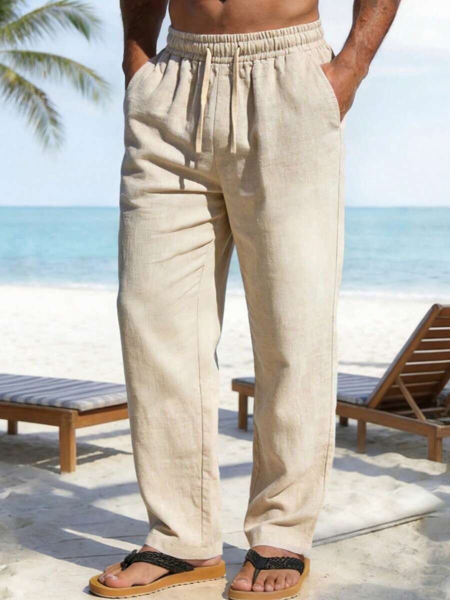 Men's Casual Solid Color Straight Linen Pants, Versatile For Spring/Autumn/Summer