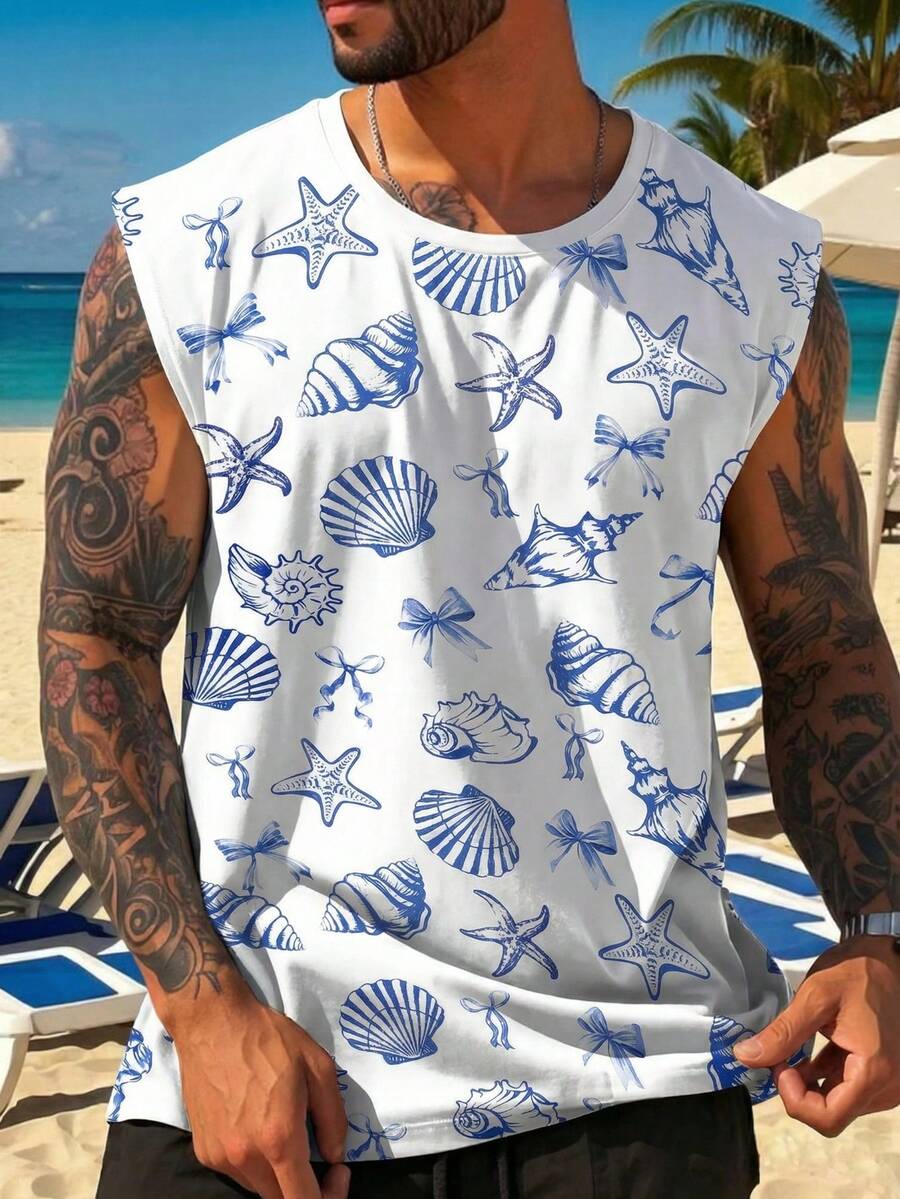 男士贝壳印花休闲无袖背心 - 彩色 - 查看 1