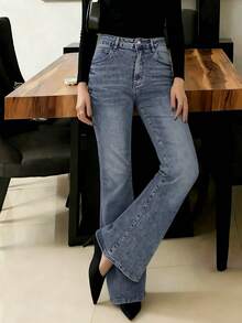 Y2K风格喇叭牛仔裤，高腰修身优雅女裤，弹力水洗蓝色牛仔长裤，街头时尚休闲春季单品 - 復古藍 - 查看 11