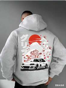 1 Piece Men's Casual Fashion Japanese Style Car Mountain Printed Hoodie, Long Sleeve Pullover, Regular Men's Hoodie-2026 - 灰色 - 查看 1
