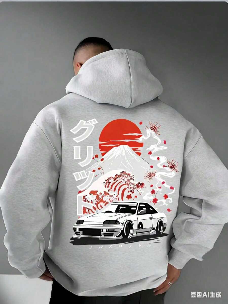 1 Piece Men's Casual Fashion Japanese Style Car Mountain Printed Hoodie, Long Sleeve Pullover, Regular Men's Hoodie-2026 - 灰色 - 查看 1