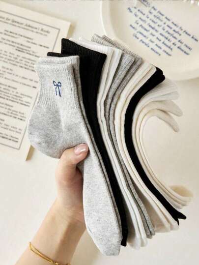 5 Pairs Women's Solid Color Bow Casual Mid-Calf Socks, Soft & Comfortable, Fashion & Cute, Suitable For Daily Matching, Random Colors