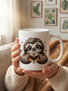 1pc Cute Sloth Design Ceramic Coffee Mug, 11oz Reusable Cup, Hand Wash, White Beverage Cup Suitable For Coffee Lovers, Unisex - Black - View 2