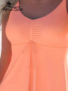 AguaCube Summer Beach Women'S Fashionable Casual Vacation Tankini Set With Plant Prints For The 26SS Summer - 珊瑚橙 - 查看 4