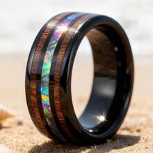 8毫米黑色舒适贴合不锈钢戒指 男士木戒指 - 木紋 - 查看 11