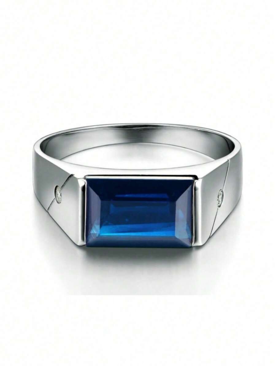 1pc Men's Fashion Minimalist Blue Zirconia Ring, Suitable For Wedding, Engagement, Party, Jewelry Gift - Silver - View 1