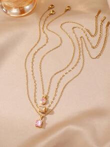 3pcs Minimalist Fashion Pink Zirconia Bead Square Pendant Necklace, Valentine's Day Gift, Suitable For Daily Wear And Gift Giving - Lucky Bead - View 5