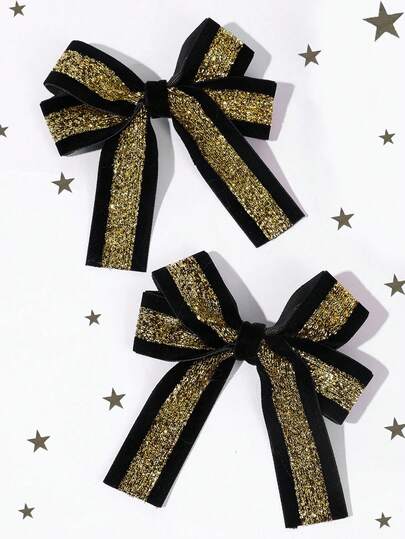 2pcs Black & Gold Bow Hair Clips, Fabric Bow Hair Clips, Gold Glitter Bow Hair Clips. Alligator Clips Hair Accessories, Fashion Hair Decor, Suitable For Girls Or Teens Party, Holiday Gifts