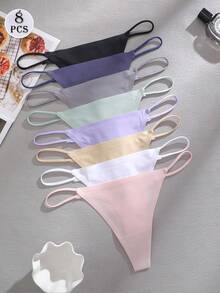 Set de 8 piezas de bragas tipo tanga de unicolor, sin costuras y de talle bajo, ropa interior cómoda y sexy para mujeres - Multicolor - Ver 8