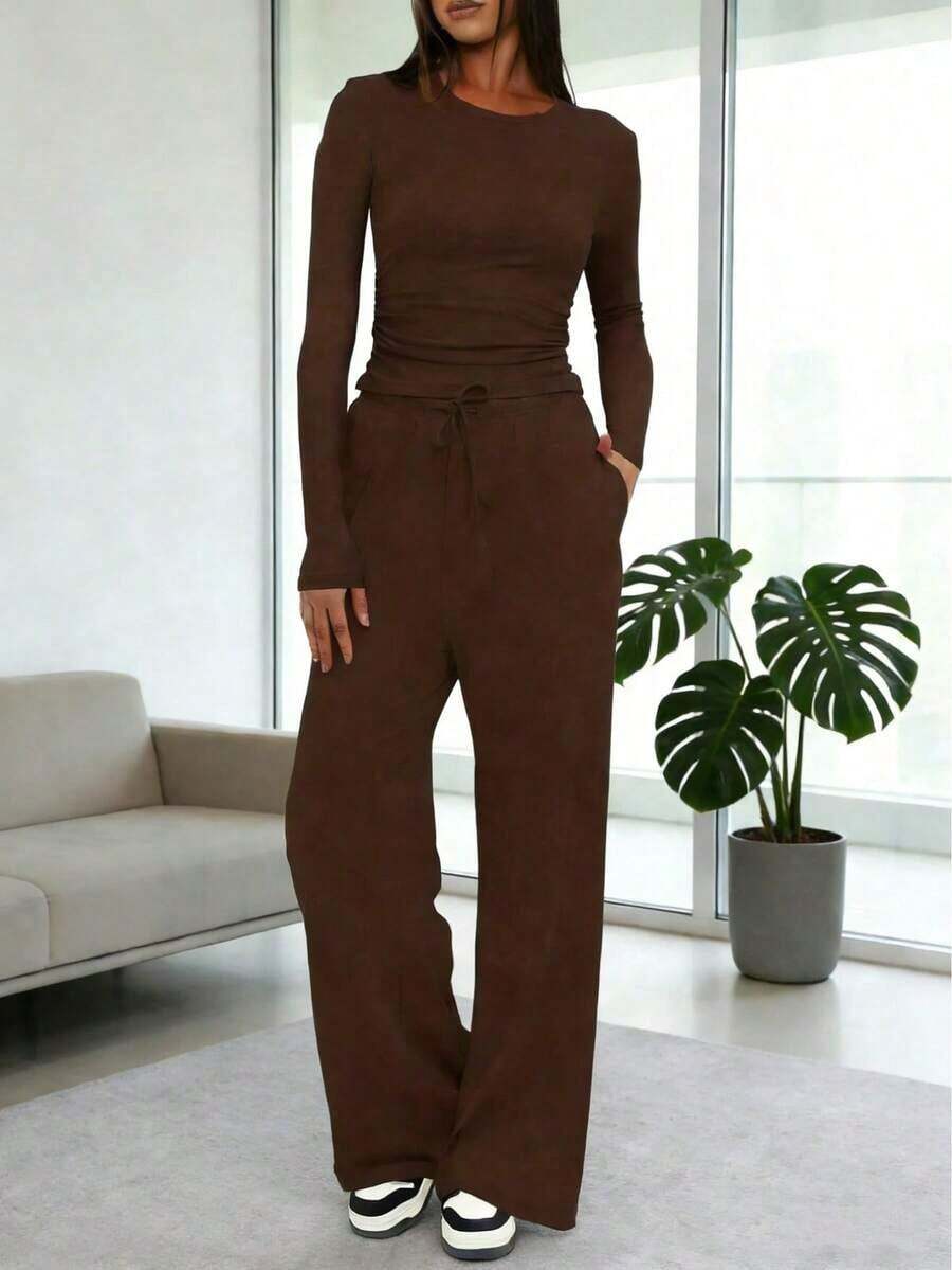 Women's Casual Clothing Solid Color Two-Piece Women's Casual Waist Pleated Long-Sleeved Top With Trousers Suit,Valentine's Day Appropriate Gifts - màu nâu - Xem 1